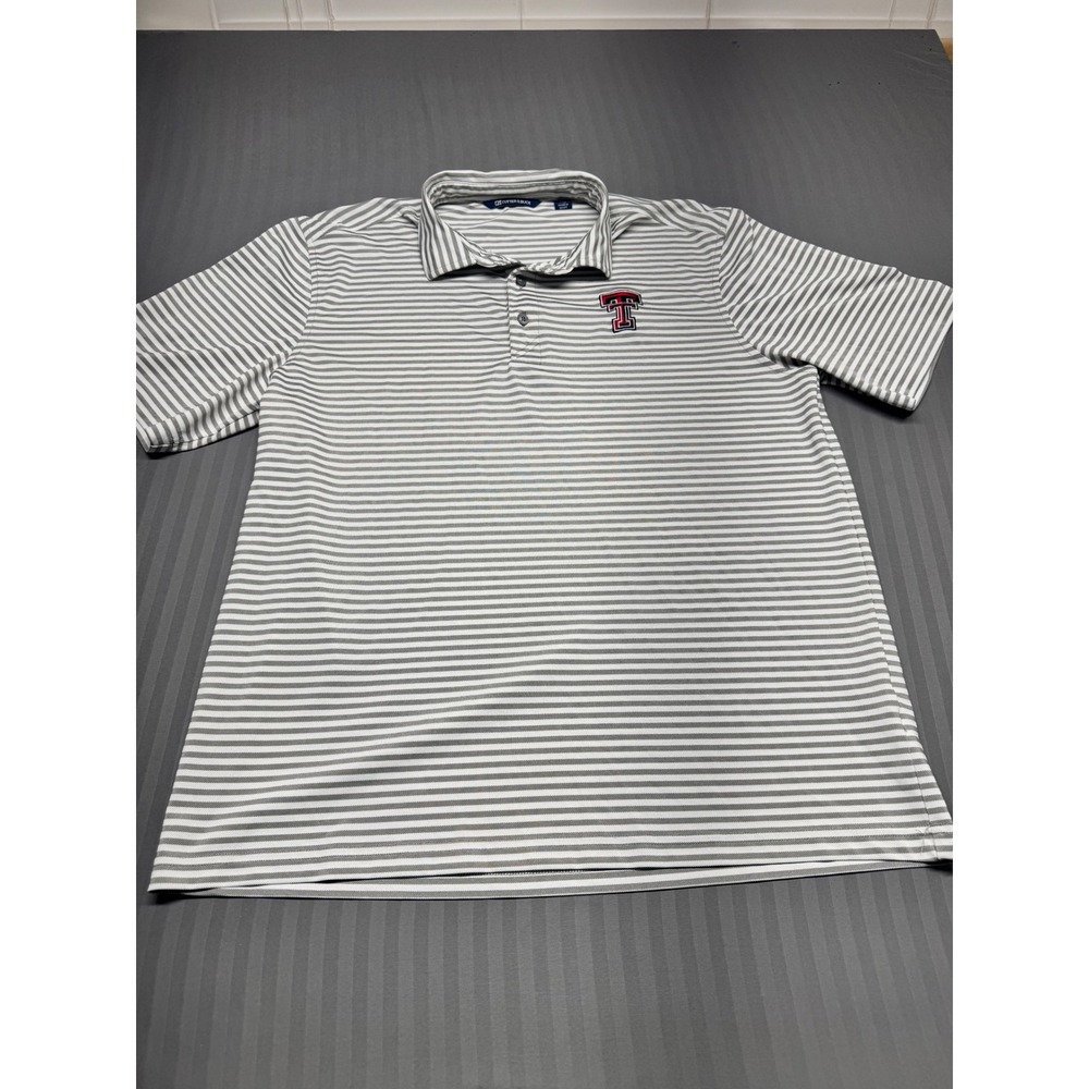 Cutter & Buck Texas Tech Red Raiders Polo Shirt Mens Large Gray White Striped